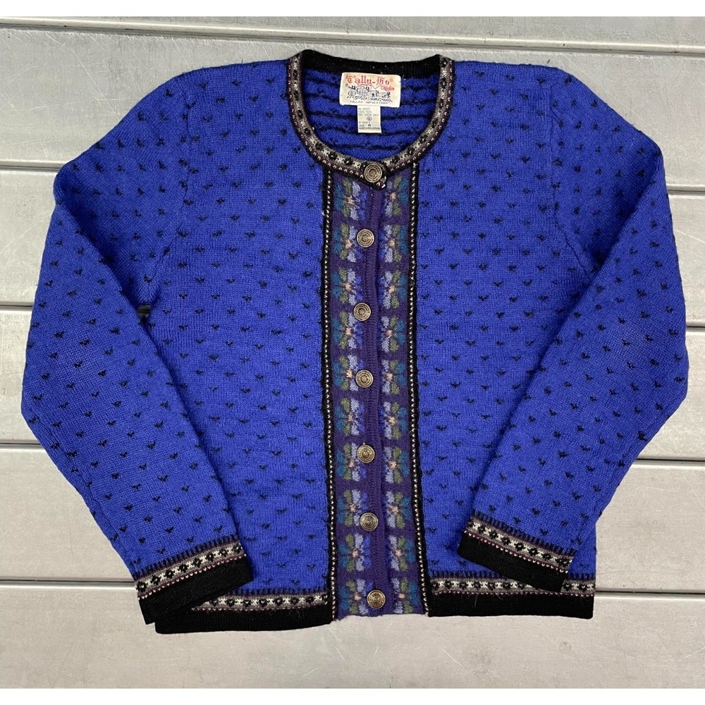 VTG Tally Ho Cardigan Sweater Womens‎ Medium Blue 100% Wool Fair Isle Nordic